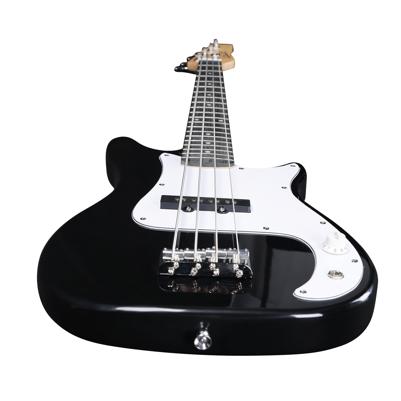 The Axiom Music Enterprise 3/4 Bass Guitar in black features a white pickguard, four strings, and light headstock—ideal as a beginner or travel bass—displayed on a white background.