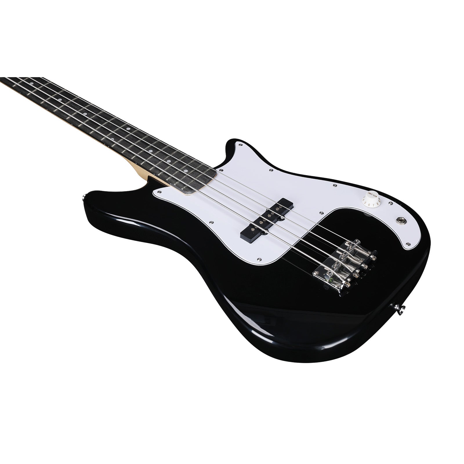 The Axiom Music Enterprise 3/4 Bass Guitar in black features a white pickguard, four strings, and light headstock—ideal as a beginner or travel bass—displayed on a white background.