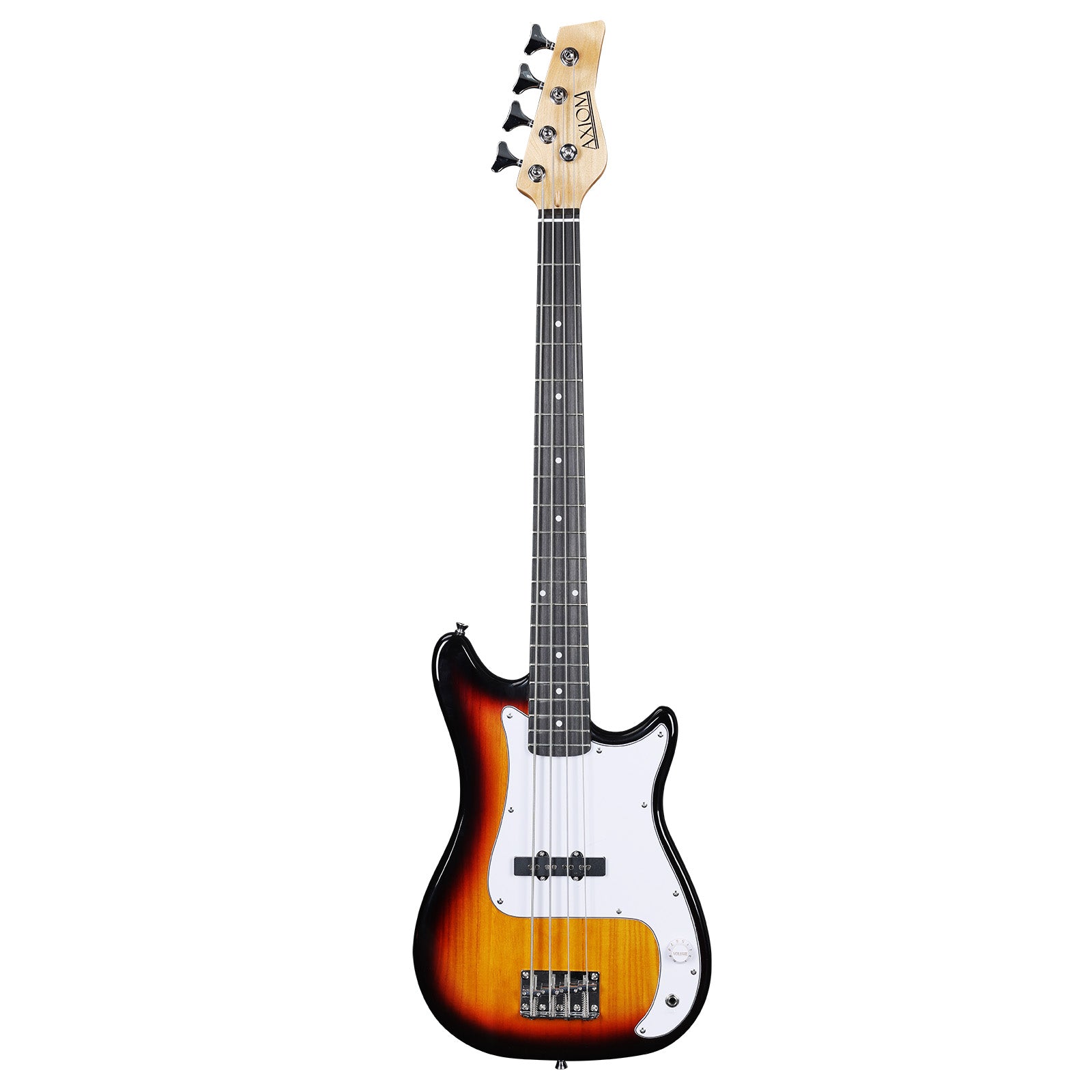 The Axiom Music Enterprise 3/4 Bass Guitar in sunburst features a white pickguard, four strings, and black tuning pegs, displayed against a white background.