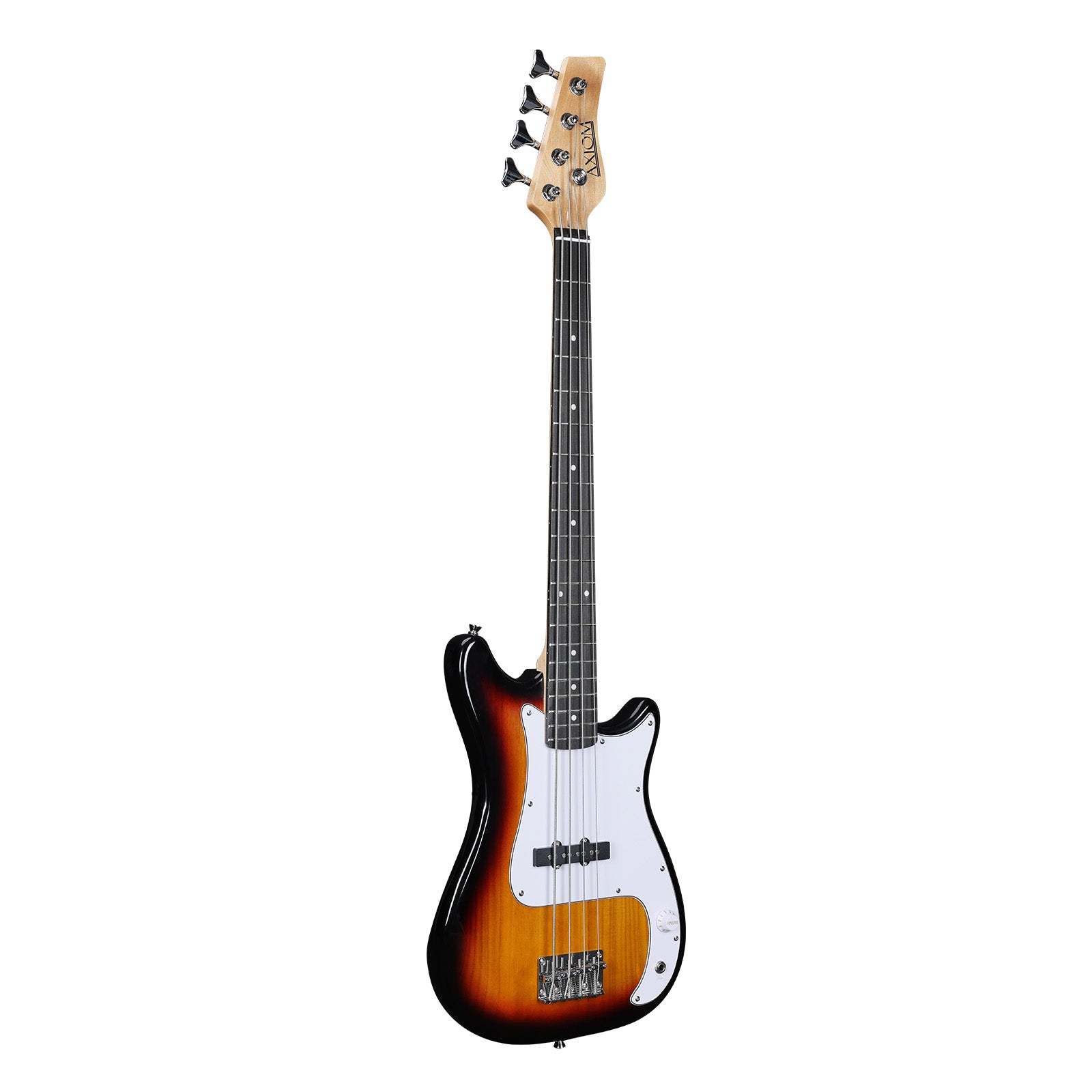 The Axiom Music Enterprise 3/4 Bass Guitar in sunburst features a white pickguard, four strings, and black tuning pegs, displayed against a white background.