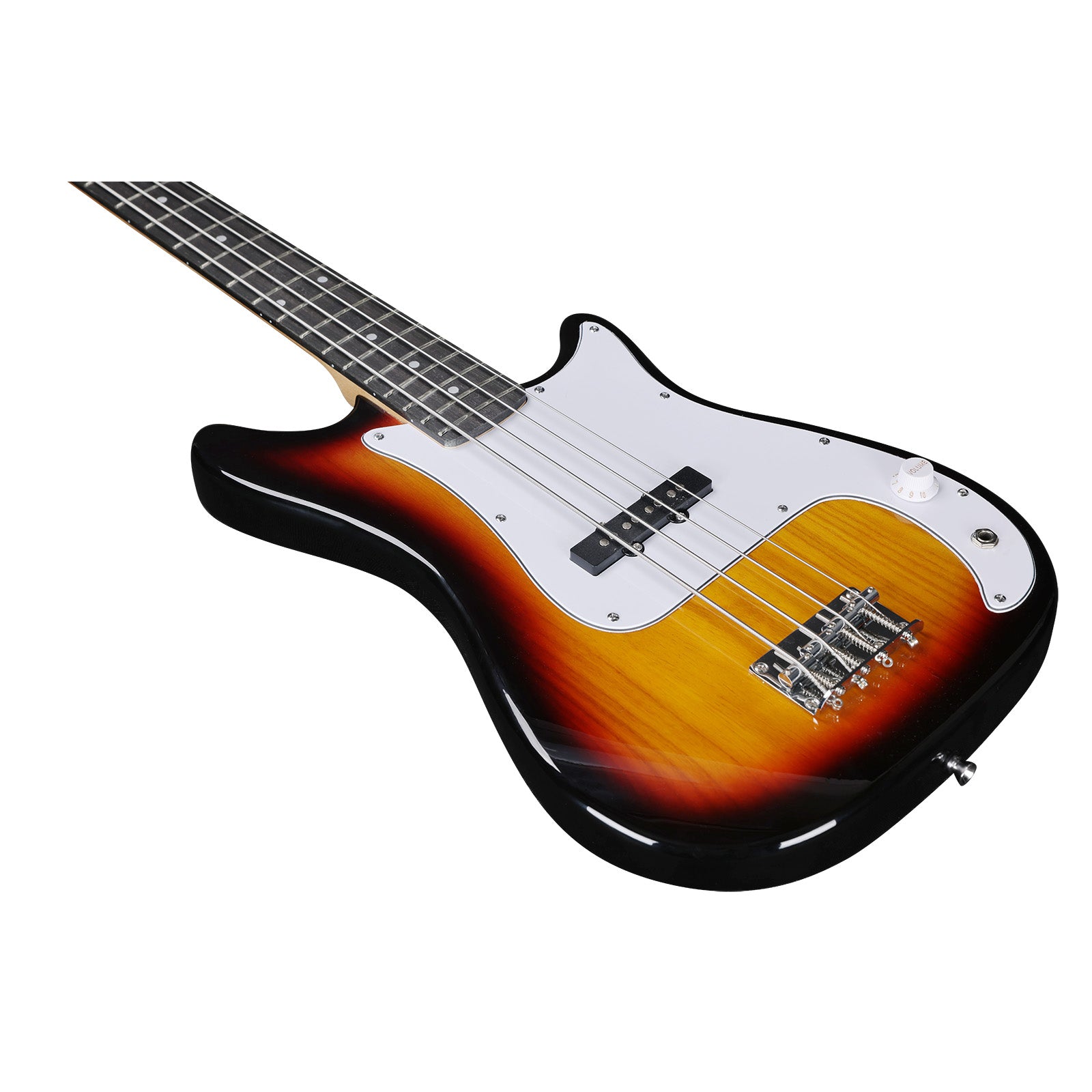 The Axiom Music Enterprise 3/4 Bass Guitar in sunburst features a white pickguard, four strings, and black tuning pegs, displayed against a white background.