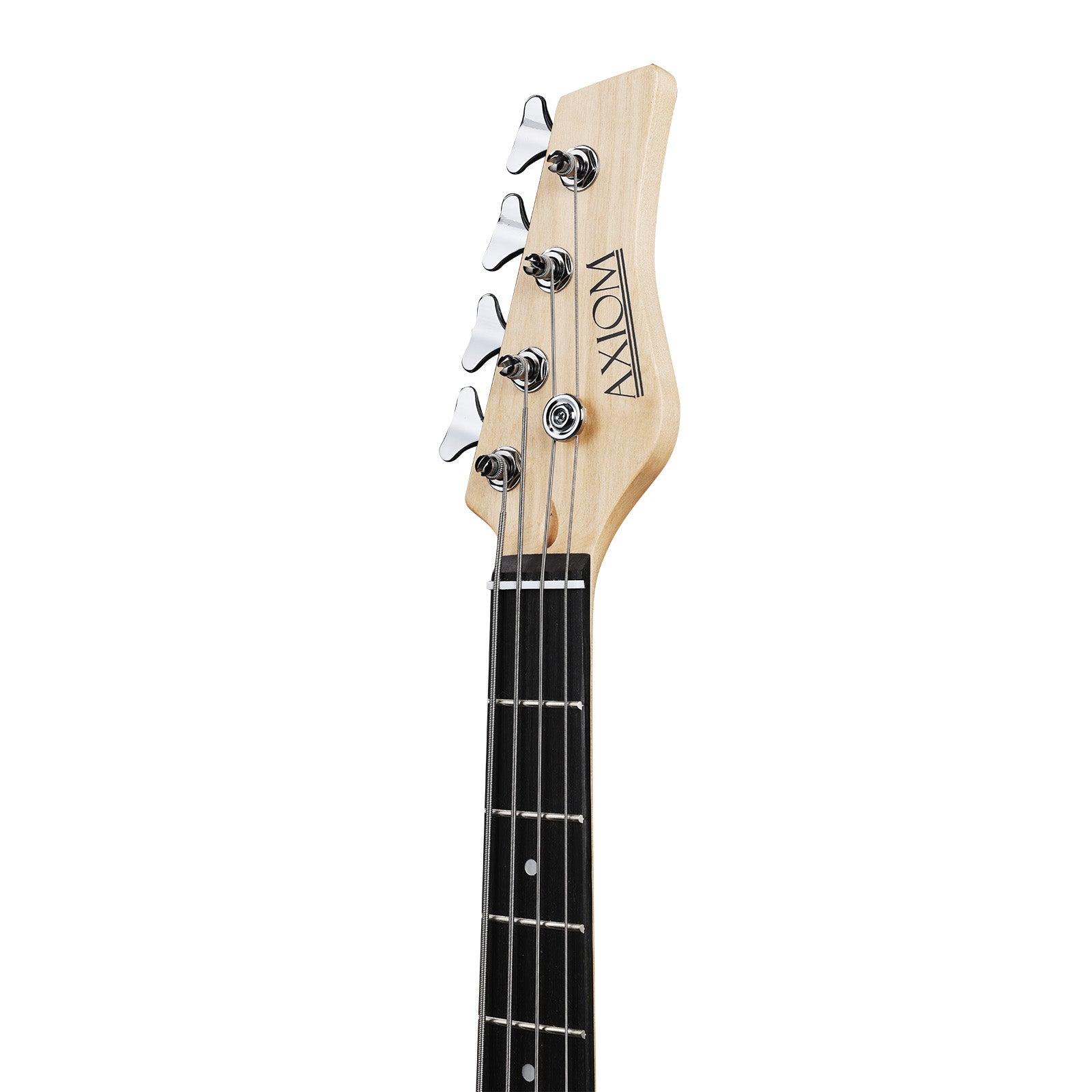 The Axiom Music Enterprise 3/4 Bass Guitar in sunburst features a white pickguard, four strings, and black tuning pegs, displayed against a white background.