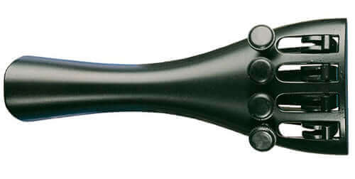 A black guitar tailpiece with four string slots and four adjustment knobs, viewed from above on a white background.