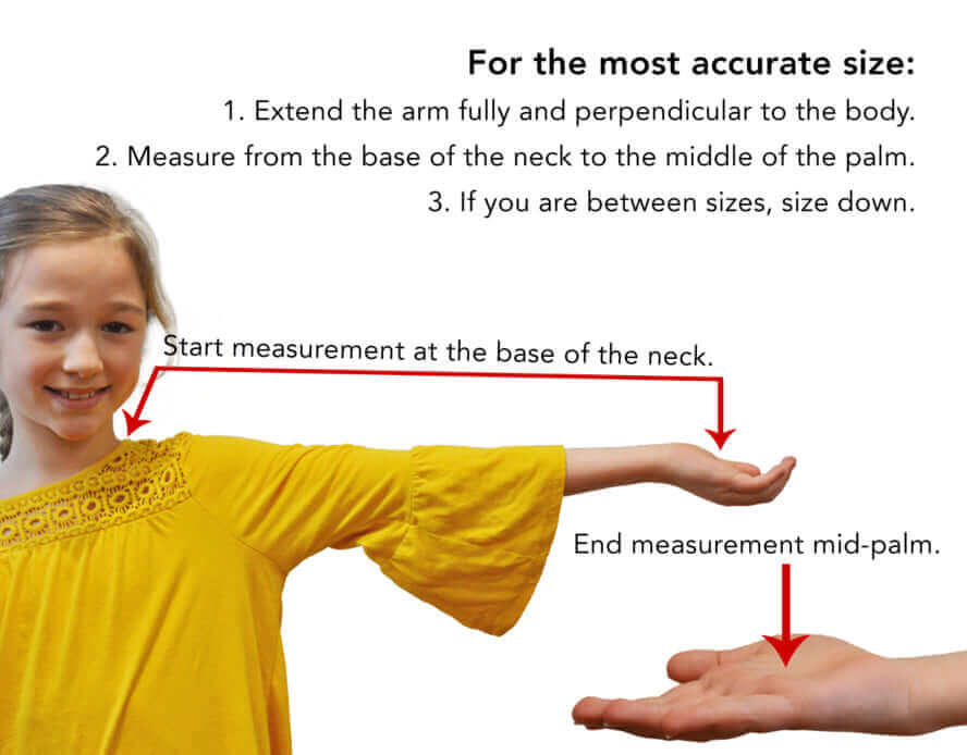 Girl in a yellow shirt extends arm; red arrows show measuring from base of neck to middle of palm for accurate sizing, with instructional text at top.