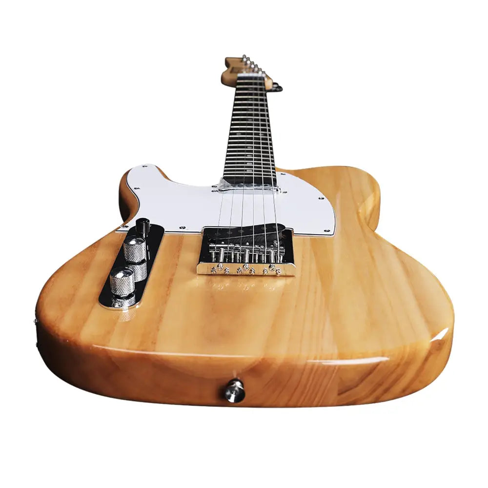 Blonde wood Atlantis Left Handed Electric Guitar with white pickguard and chrome hardware