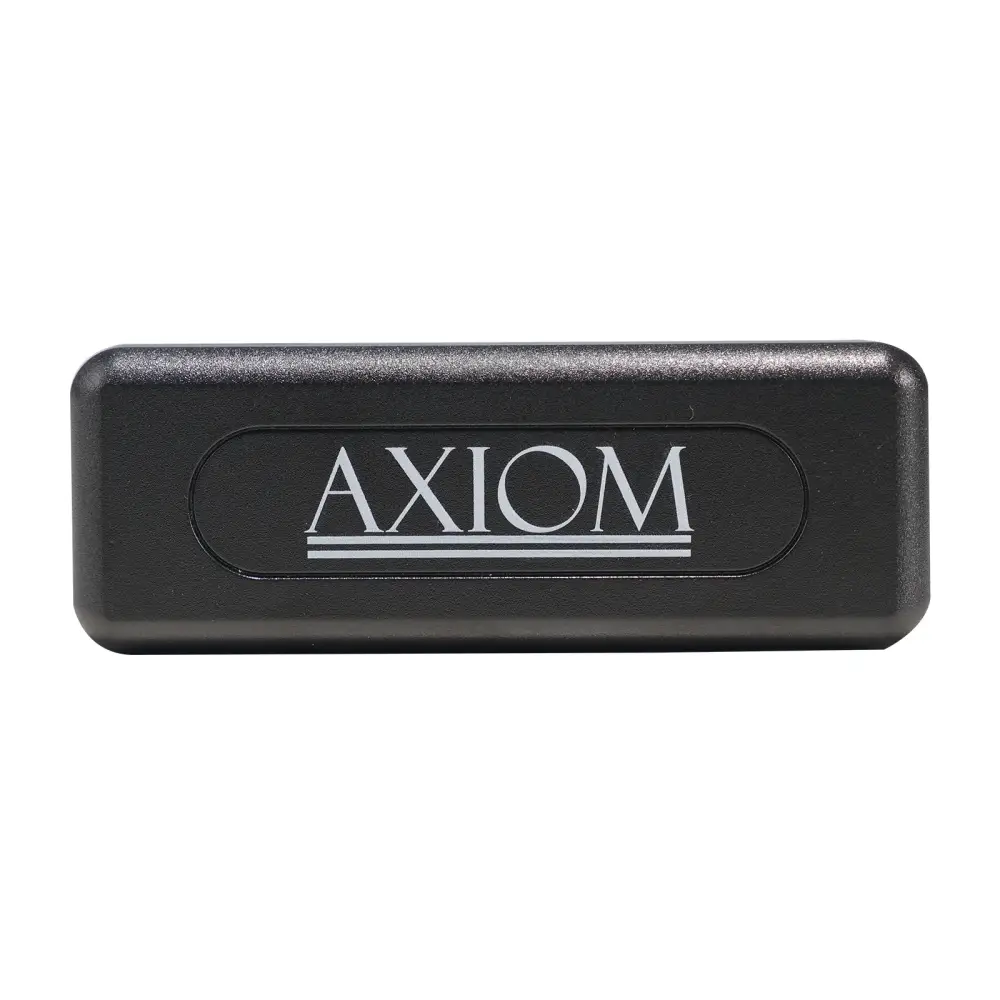 Black rectangular axiom 10 hole diatonic blues harp in c with silver embossed logo and two horizontal lines beneath text