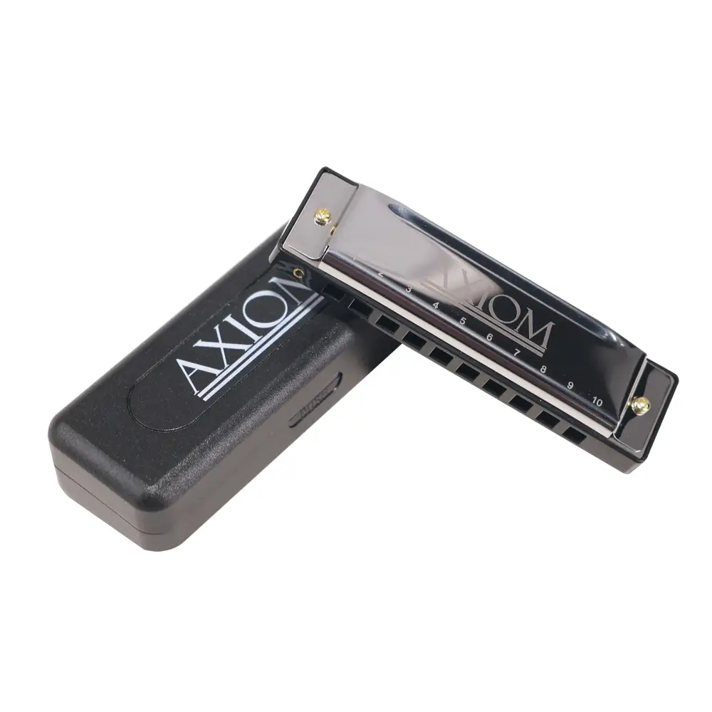 Black axiom 10 hole diatonic blues harp harmonica in c with glossy finish and silver lettering beside matching case