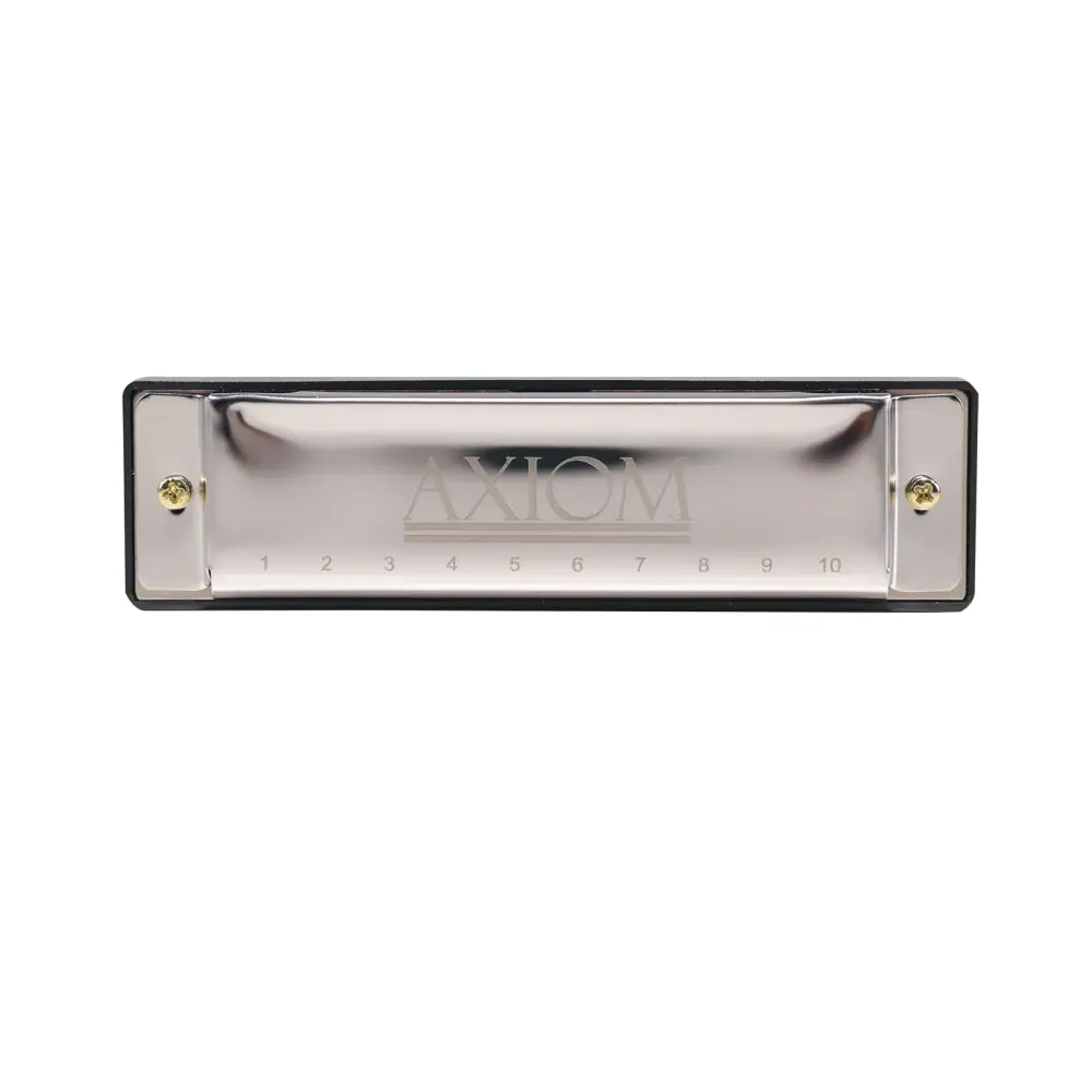 Axiom 10 hole diatonic blues harp in c with sleek silver body and black plastic edges