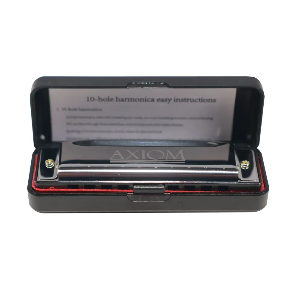 A sleek silver axiom 10 hole diatonic blues harp in c nestled in a black case with red lining