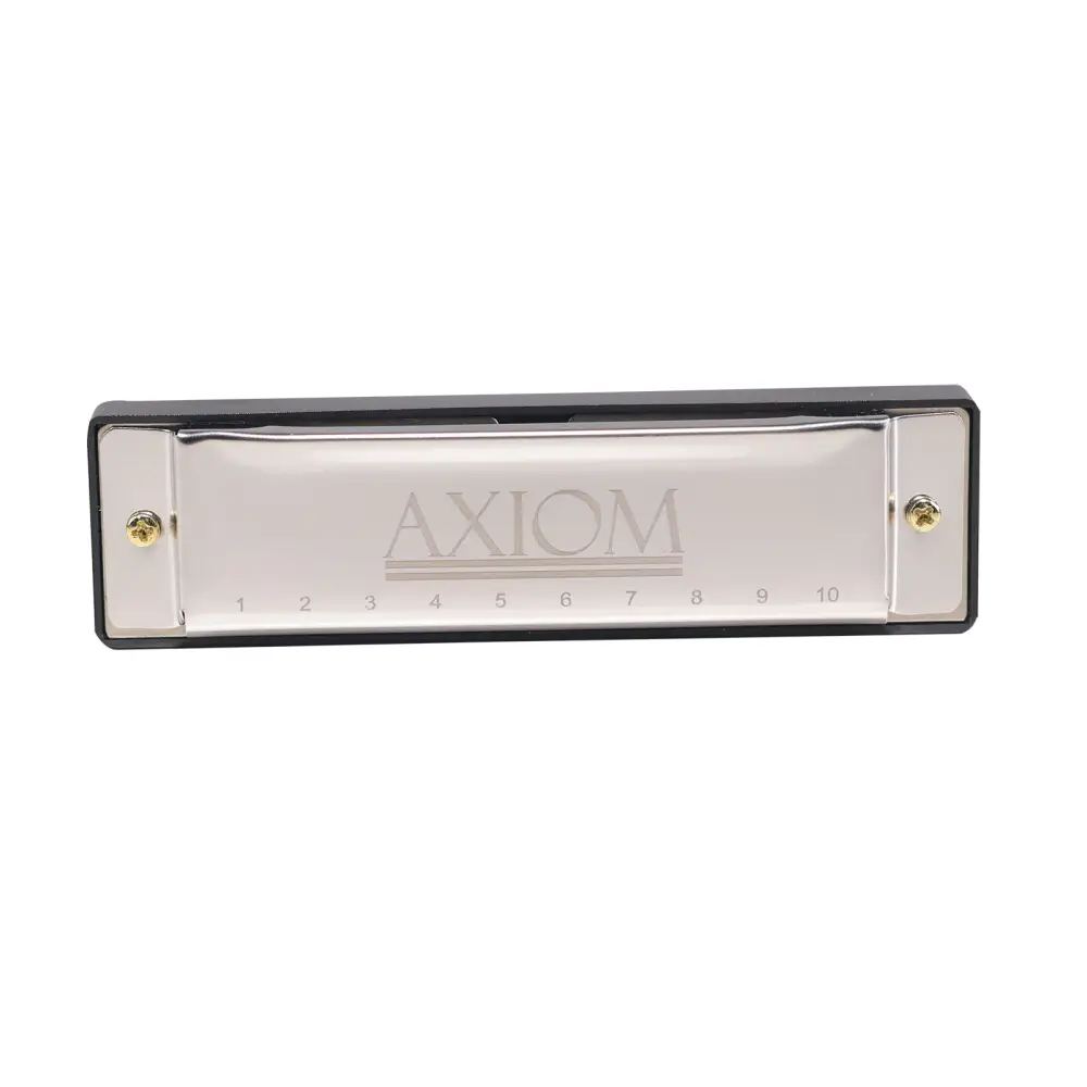 Axiom 10 hole diatonic blues harp in c with a sleek silver body black plastic casing and gold-colored screws