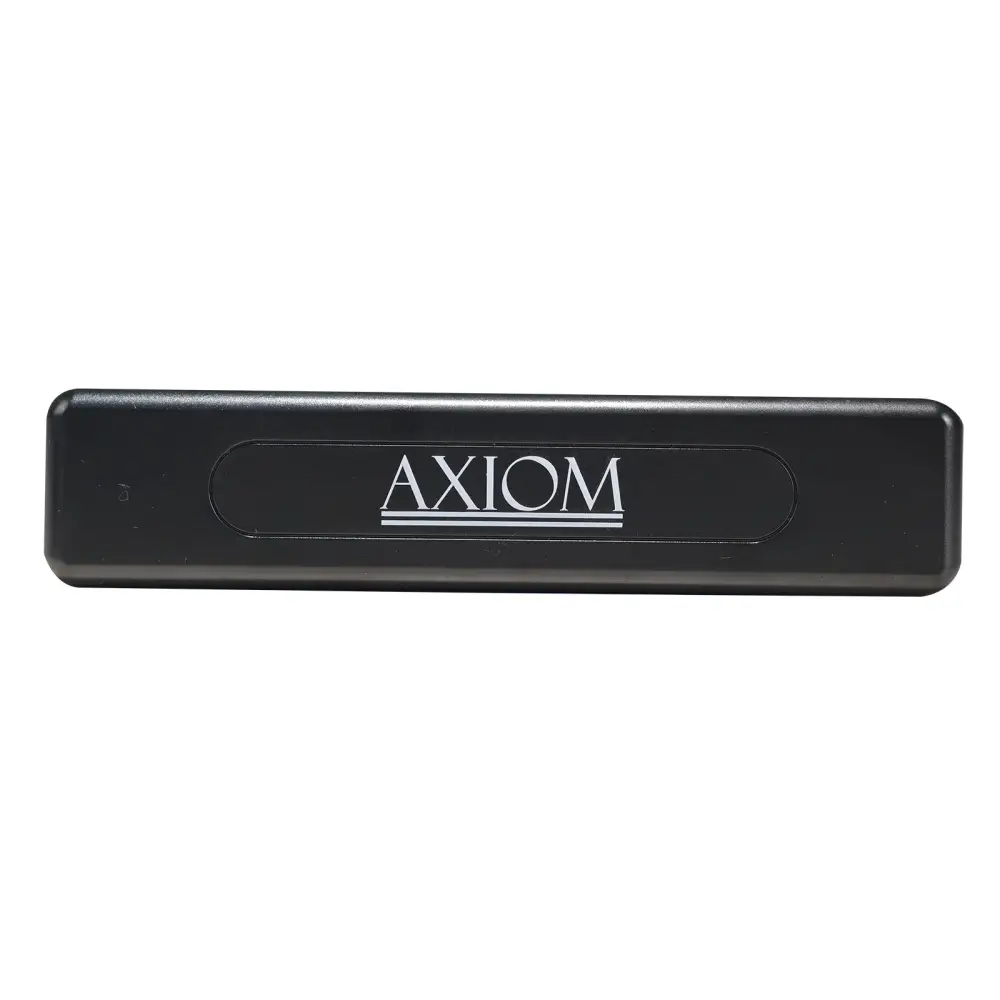 Black axiom 24 hole harmonica in key of c with a matte finish and white lettering on a rectangular device