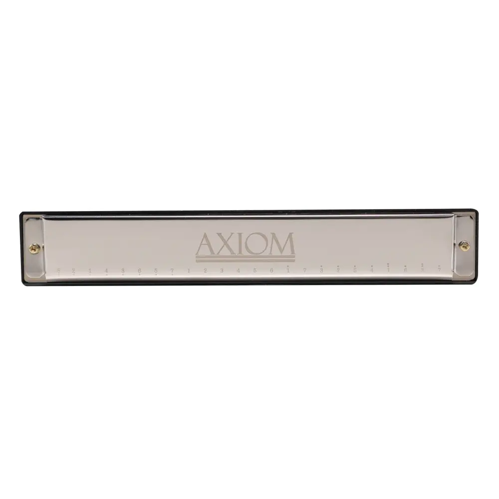 A sleek silver axiom 24 hole harmonica key of c with polished metal body and black edges
