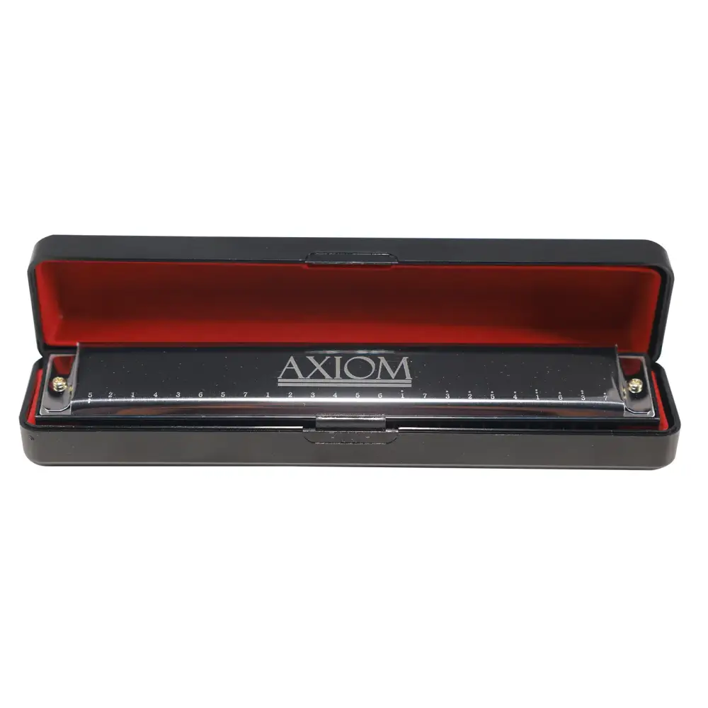 A sleek black axiom 24 hole harmonica in key of c with polished metallic finish and engraved brand name in case