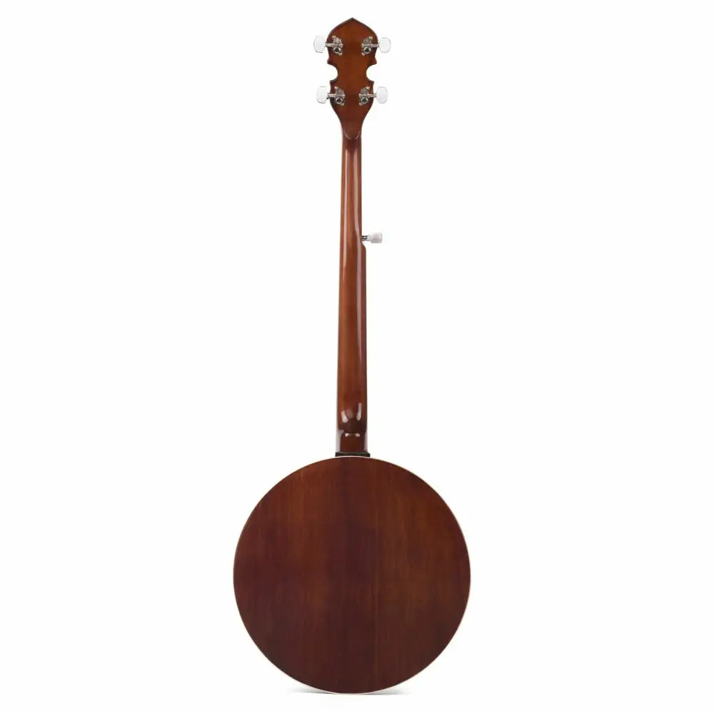 Back of a brown wooden Axiom 5 String Beginner Banjo with glossy finish