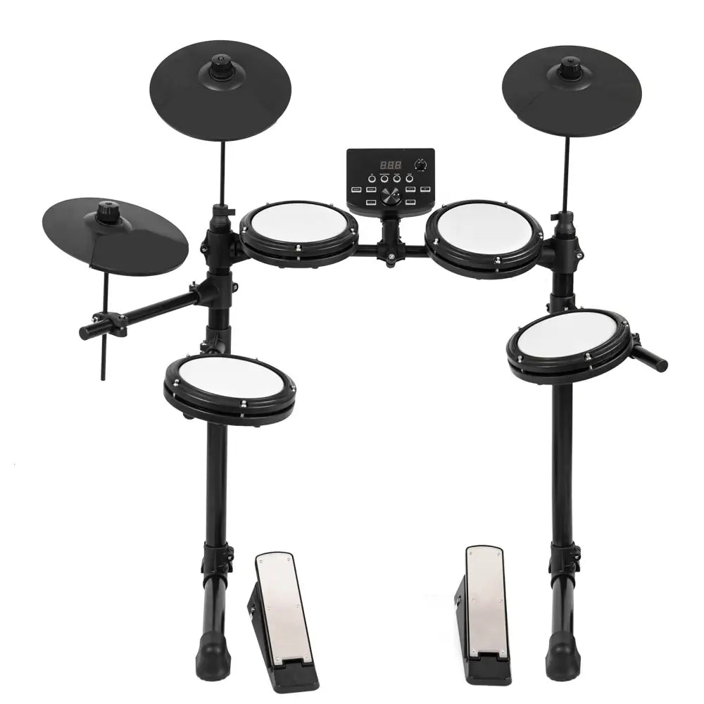 Black electronic drum kit with white pads and foot pedals, perfect beginner digital drum set