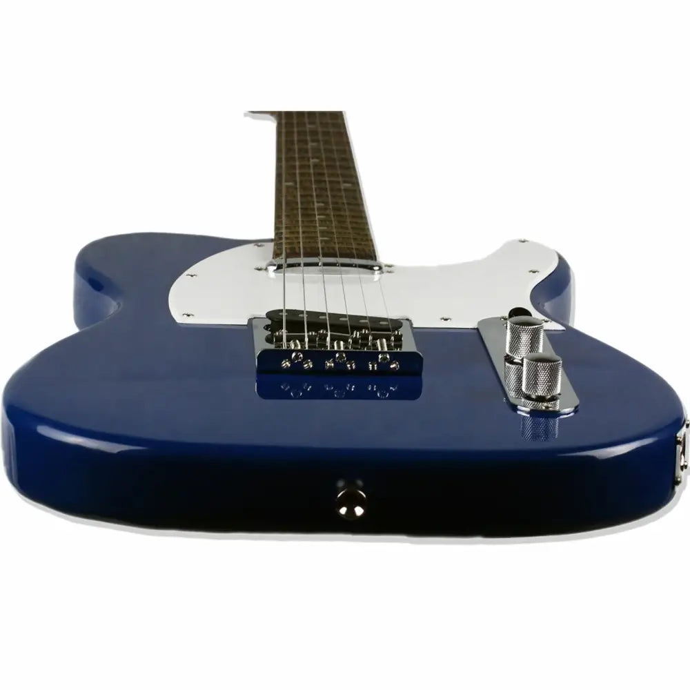 Shiny dark blue T style electric guitar with white pickguard and chrome hardware
