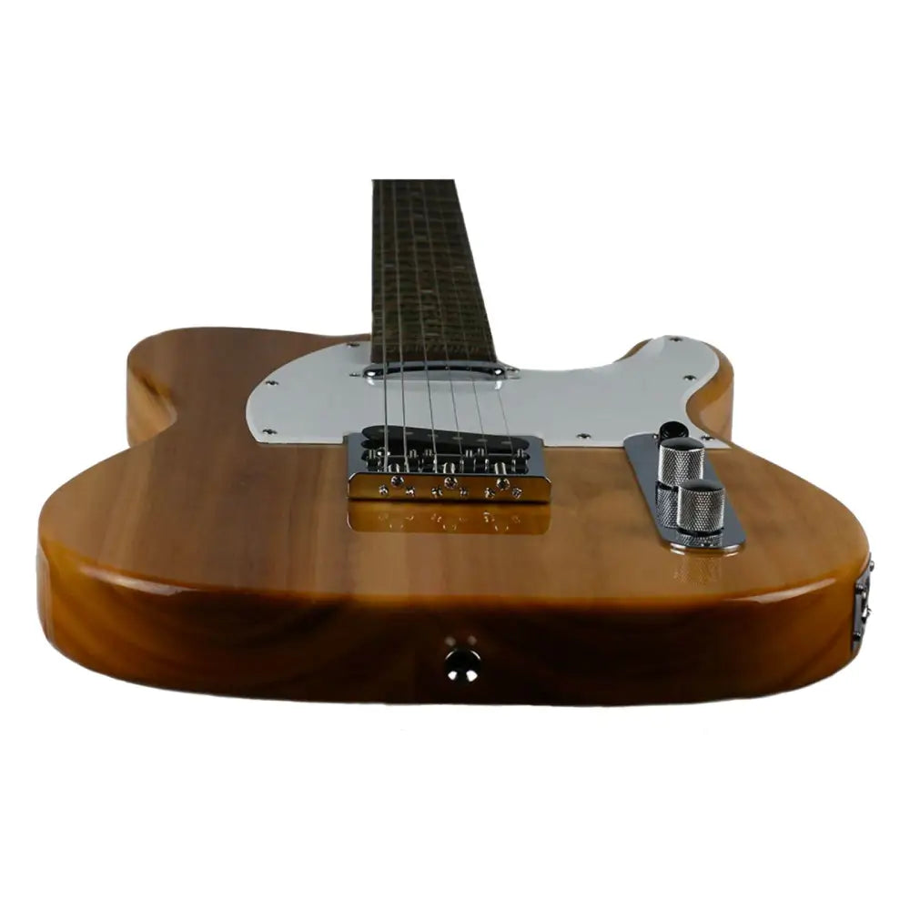 Light brown Axiom Atlantis solid body electric guitar with white pickguard and chrome hardware