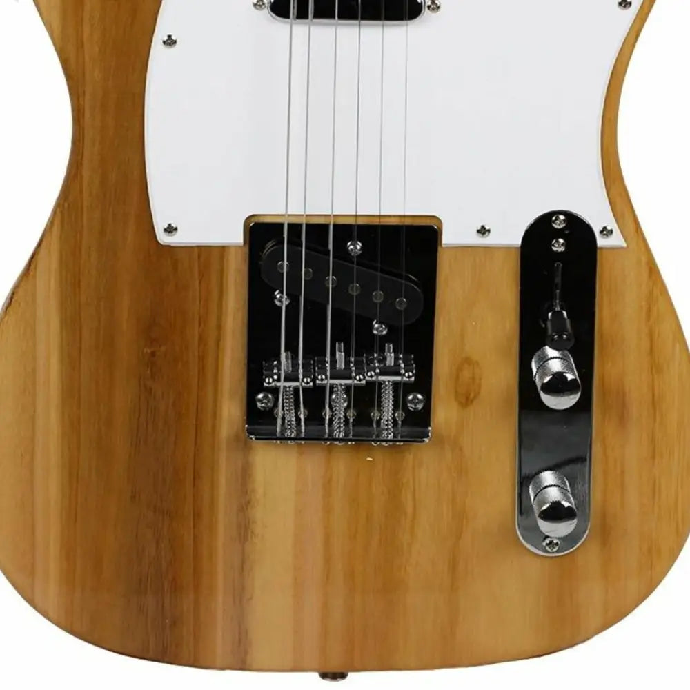 Close-up of Axiom Atlantis solid body electric guitar with white pickguard and chrome details