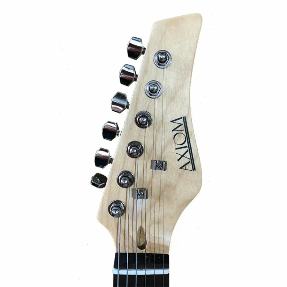 Light-colored wooden electric guitar headstock with chrome tuning pegs on Axiom Atlantis solid body electric guitar