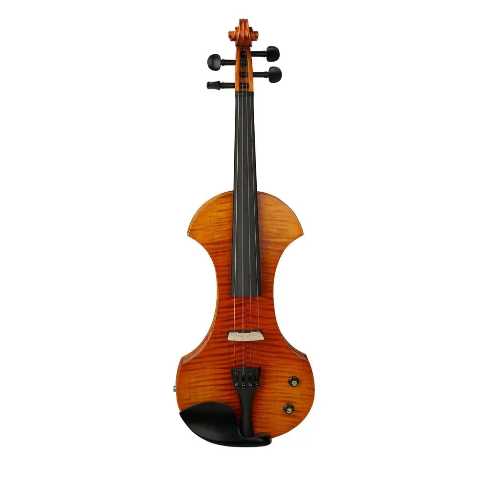 Axiom Avenger electric violin with flamed maple body, black tuning pegs, silent violin style