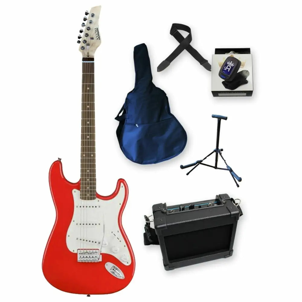 Red electric guitar with accessories from Axiom Beginner Electric Guitar Pack, perfect first electric guitar set