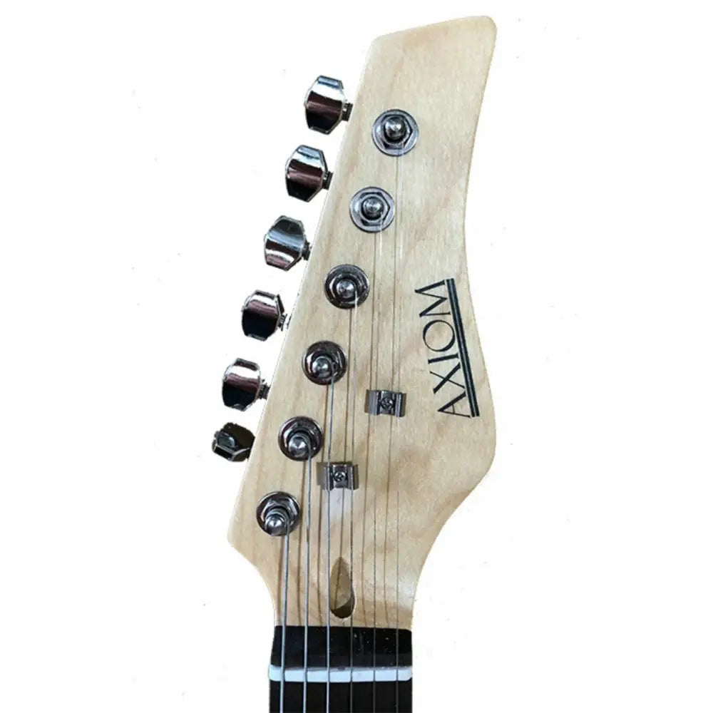 Light-colored wooden guitar headstock with chrome tuning pegs from Axiom beginner electric guitar set
