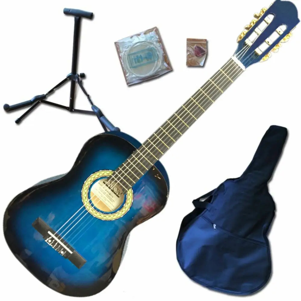 Blue acoustic guitar from Axiom Beginners Guitar Pack with stand case and extra strings