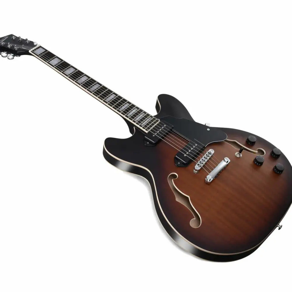 Sunburst finish 335 style guitar with f-holes and block inlays, perfect vintage electric guitar