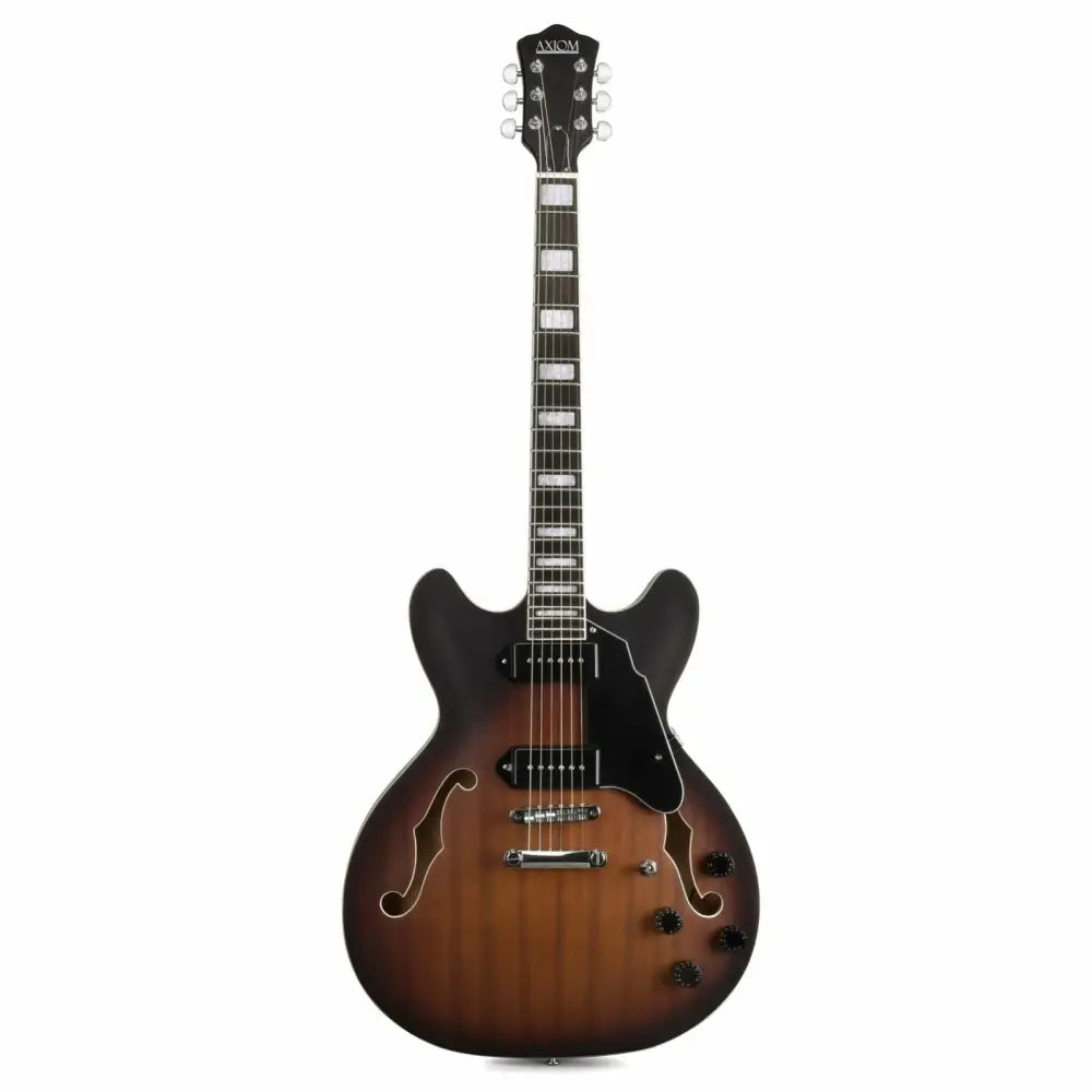 Brown and black sunburst hollow-body electric guitar with f-holes, 335 style vintage jazz guitar