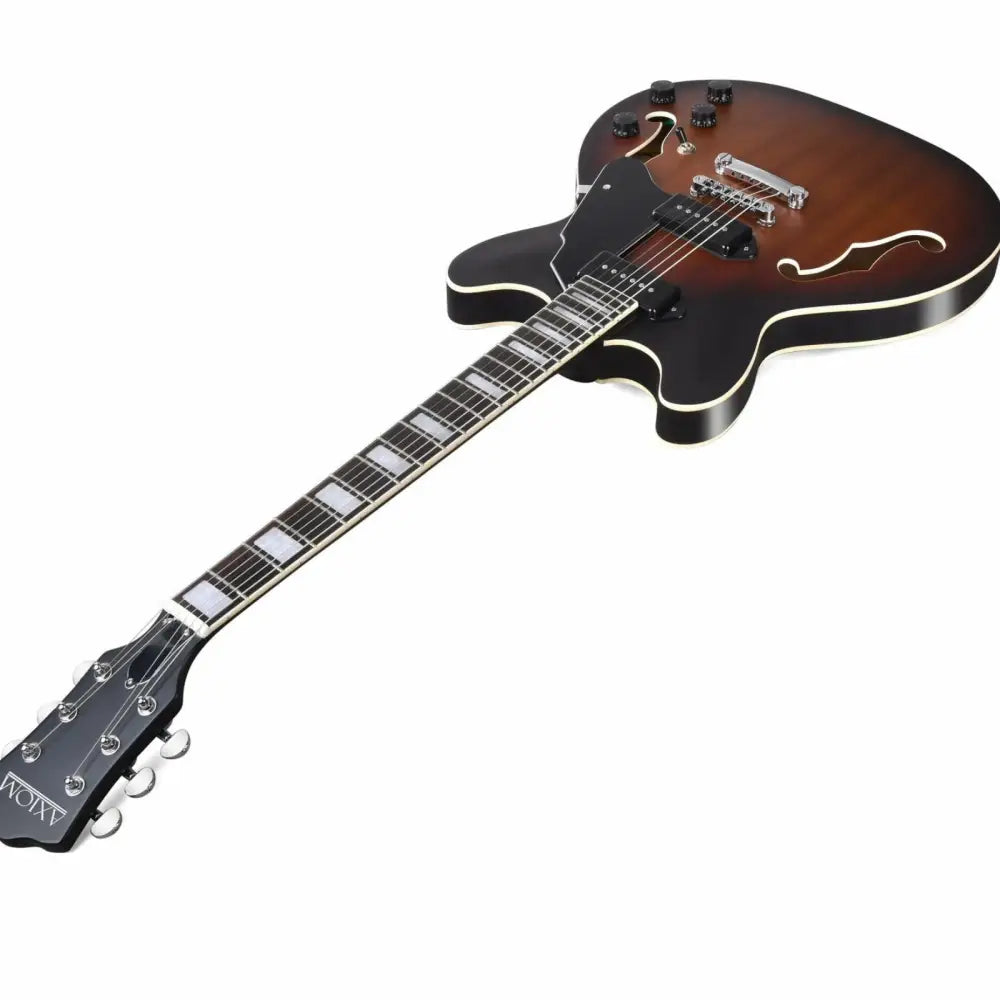 Brown and black sunburst Axiom Bluesmaster 335 style vintage electric guitar with f-holes