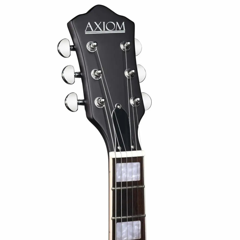 Black Axiom Bluesmaster electric guitar headstock with chrome tuning pegs and pearl inlays