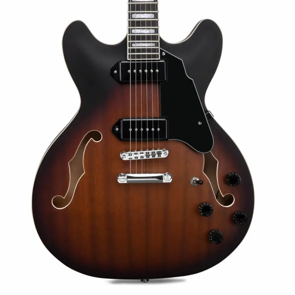 Brown and black sunburst 335 style vintage electric guitar with f-holes for jazz fans