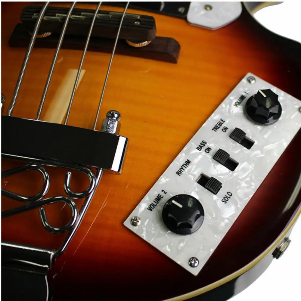 Vintage style Axiom Cavern Beatle Bass with sunburst finish and pearloid controls