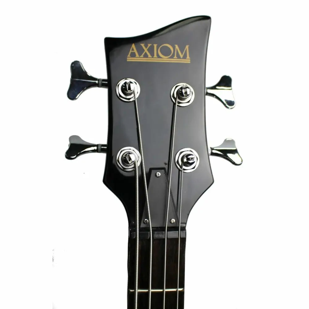 Black bass guitar headstock with chrome tuning pegs on Axiom Cavern Left Handed Beatle Bass