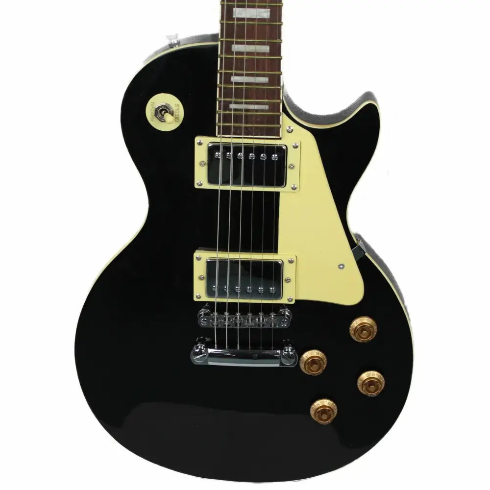 Black electric guitar with cream binding, humbuckers, and gold controls, perfect beginner lp style guitar
