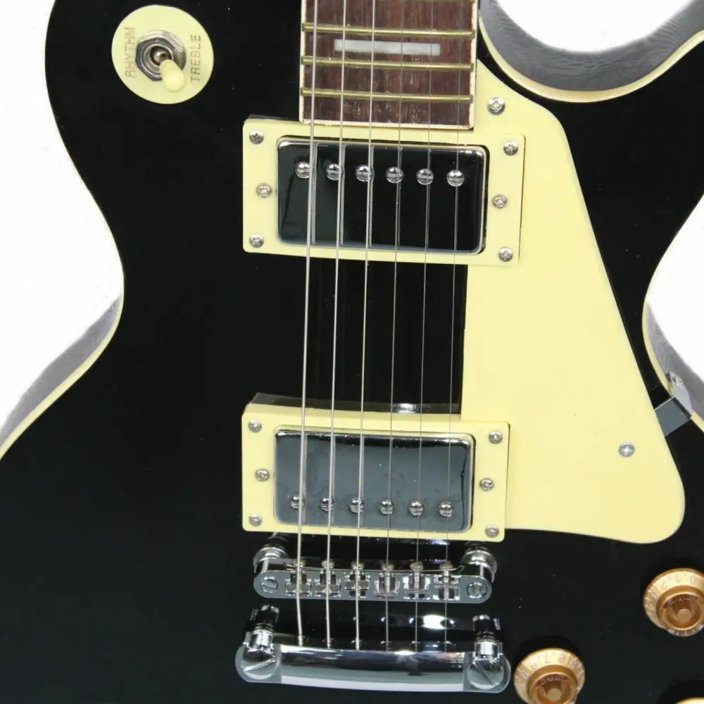 Close-up of black electric guitar with cream pickups, ideal beginner electric guitar for sale