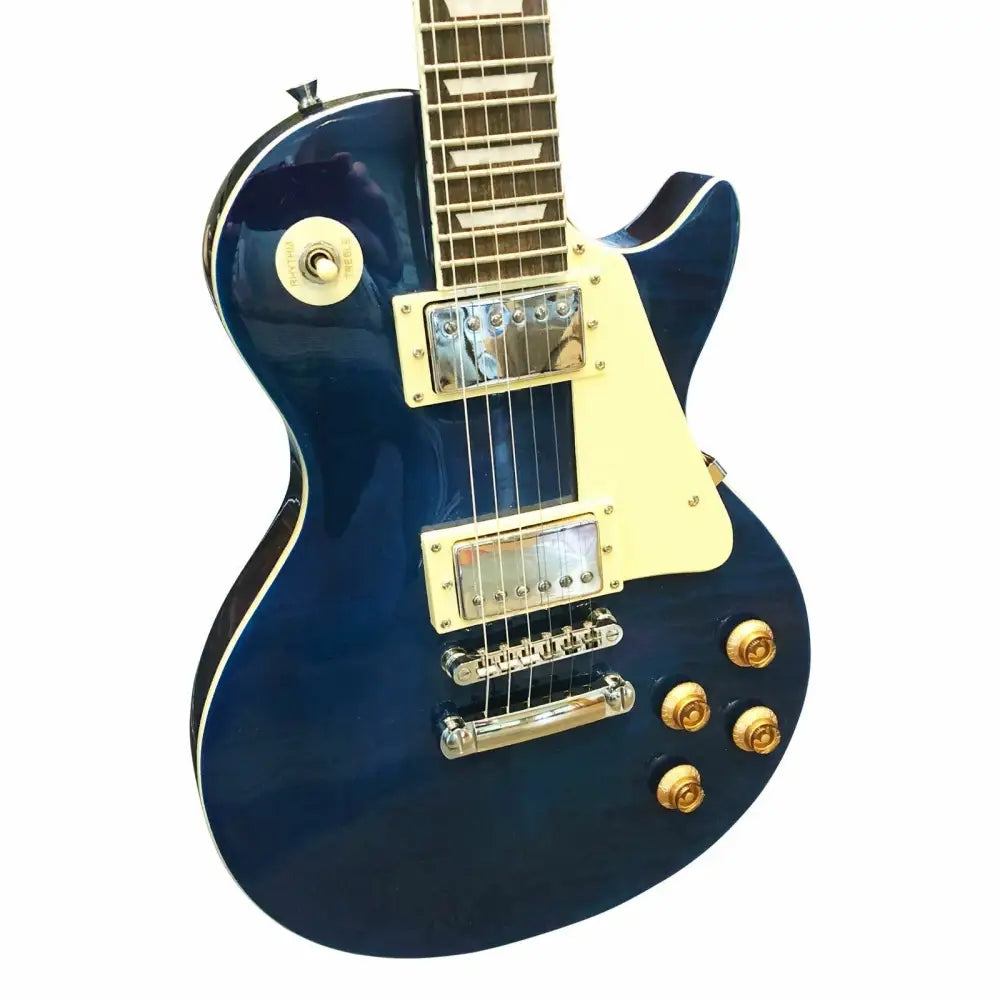 Glossy blue electric guitar with white pickguard, chrome hardware, and gold knobs for sale