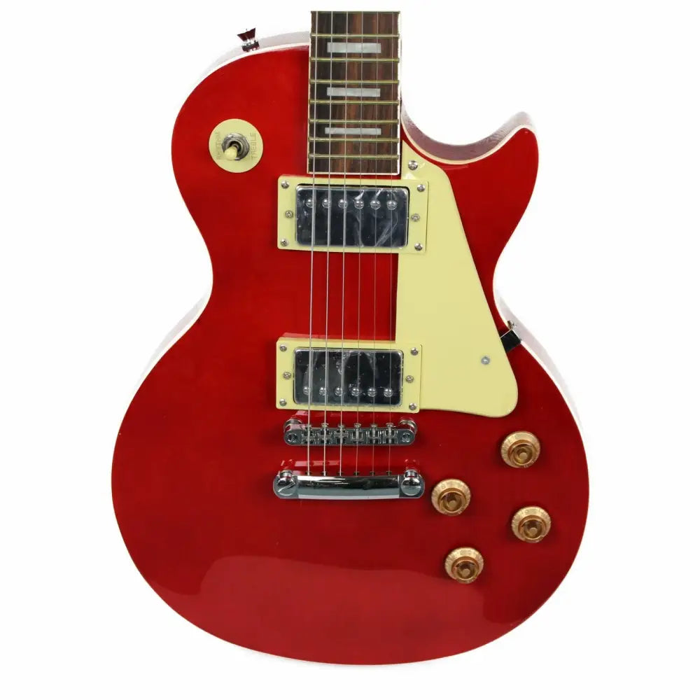 Red challenger electric guitar with cream pickguard and gold knobs, LP style guitar