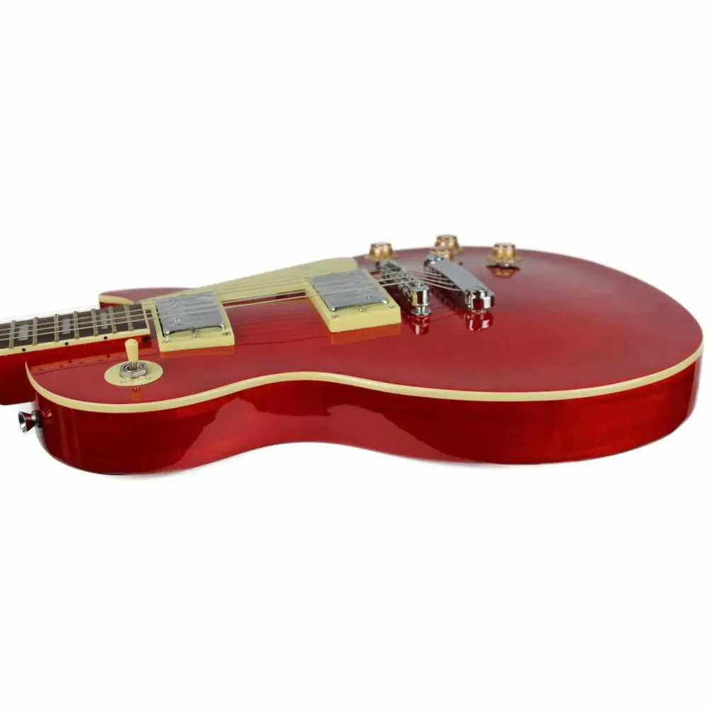 Cherry red challenger electric guitar with cream binding and humbuckers, LP style guitar
