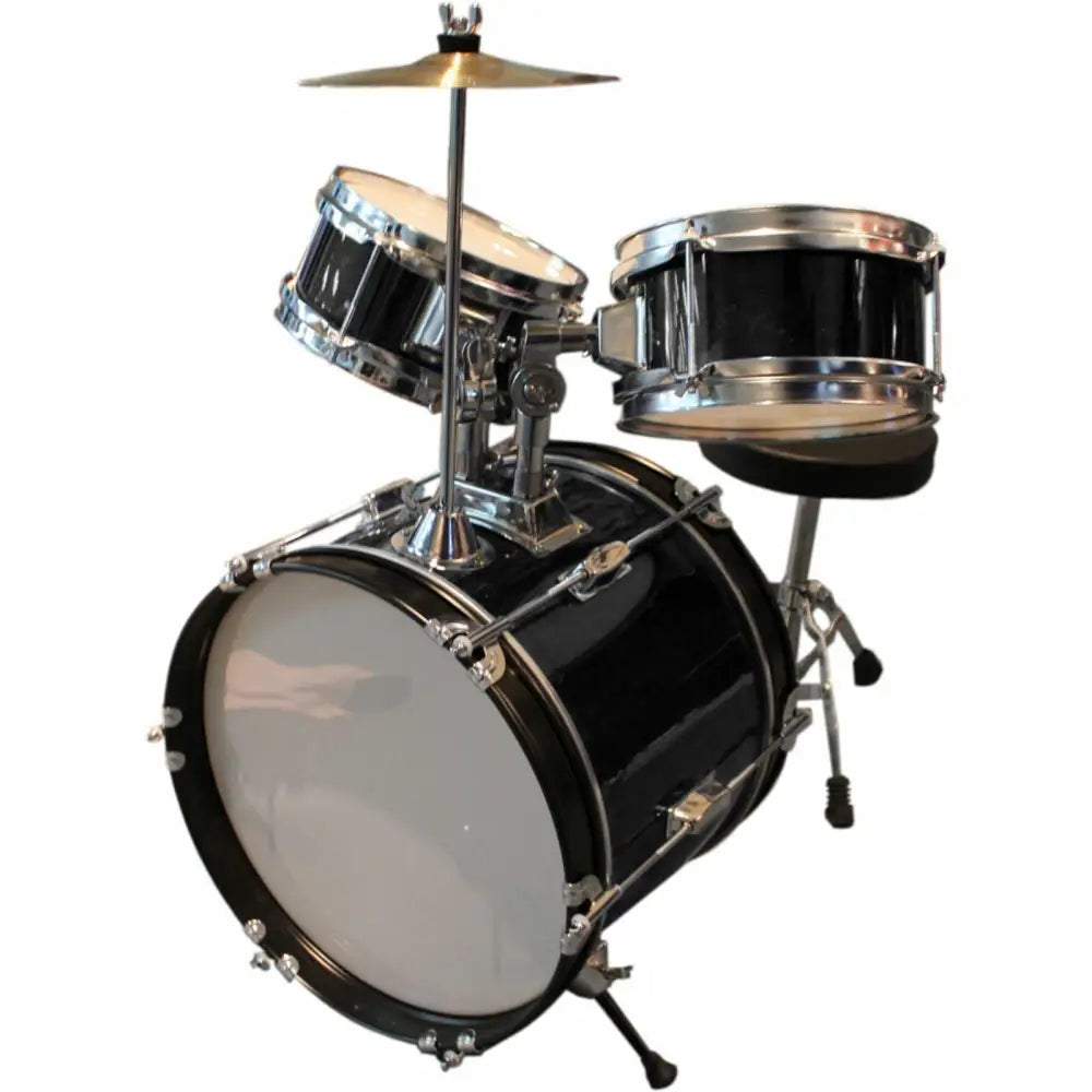 Kids drum set featuring a five-piece black toddler drum set with chrome hardware