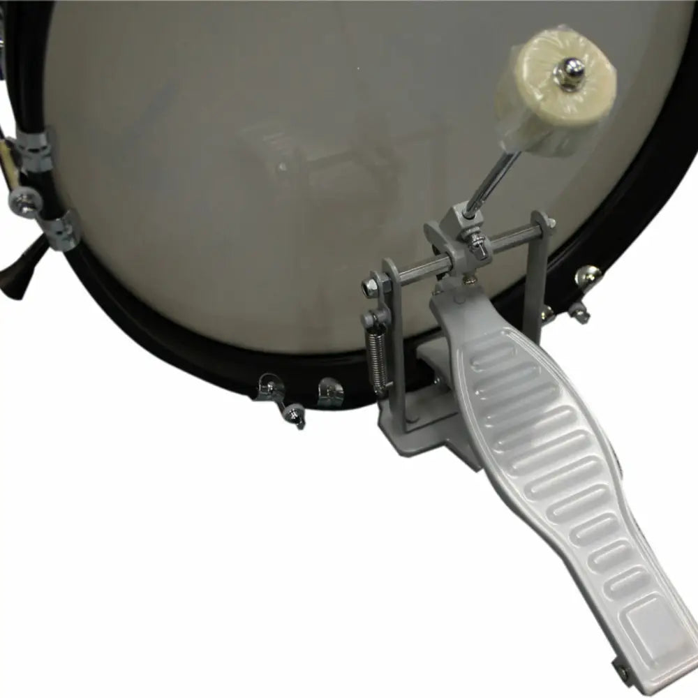 Silver bass drum pedal attached to kids drum set for children in Axiom Childrens Drum Set Black