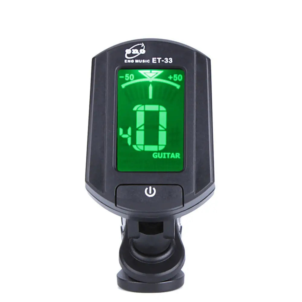 Black digital clip on guitar tuner with green backlit display, perfect cheap electronic guitar tuner