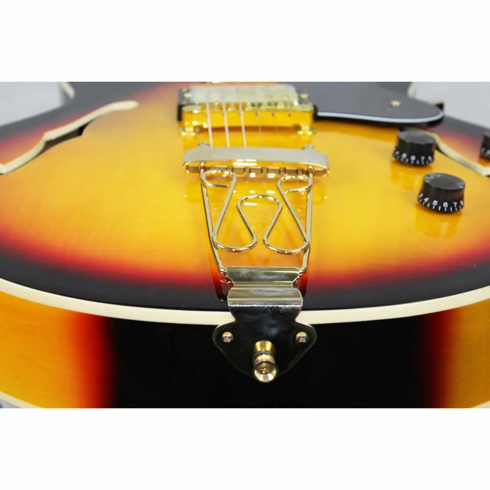 Close-up of Axiom Columbia Archtop Sunburst Guitar with Bigsby, perfect jazz guitar for sale Australia