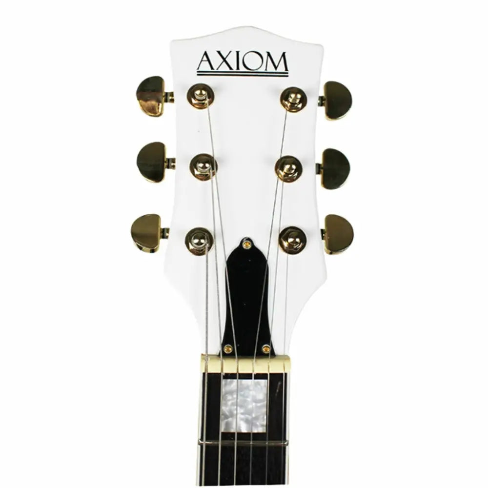 White guitar headstock with gold tuning pegs on Axiom White Bird vintage guitar for sale