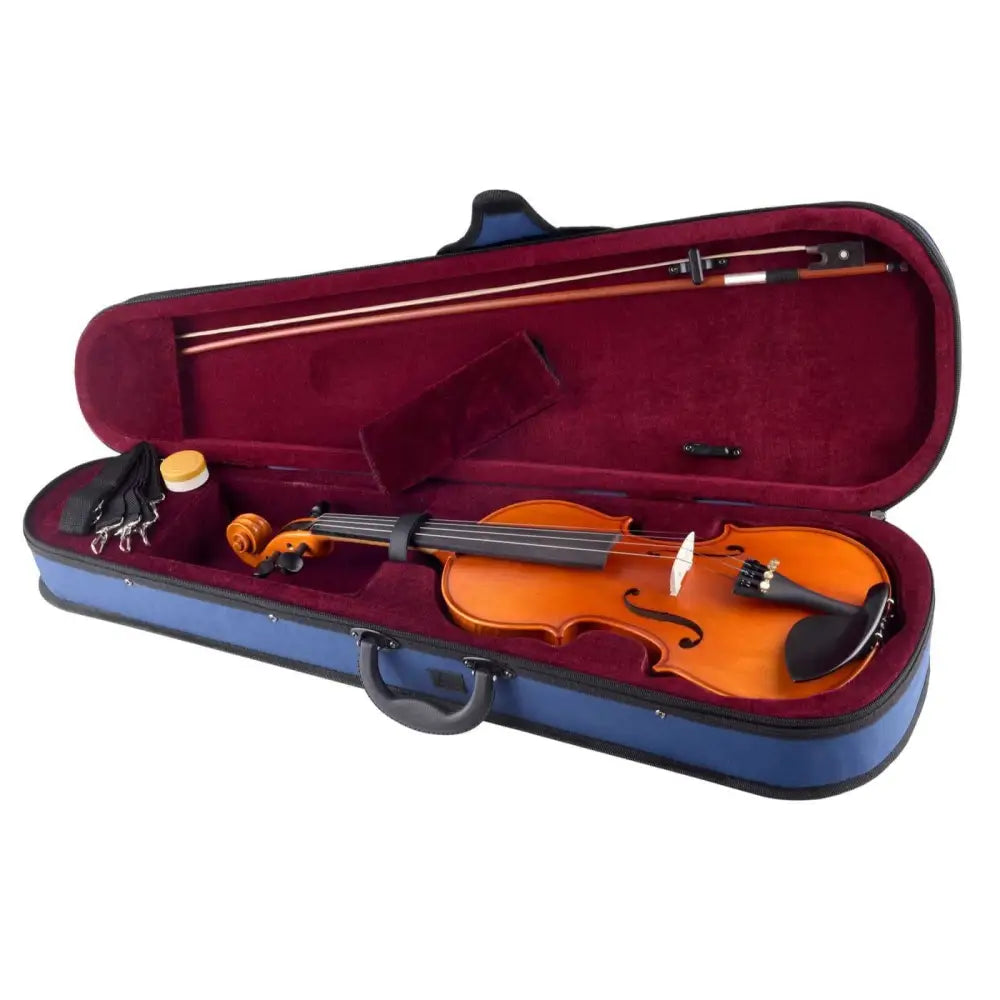 Open blue violin case with brown 1/2 size violin and bow, perfect student violin for sale Australia