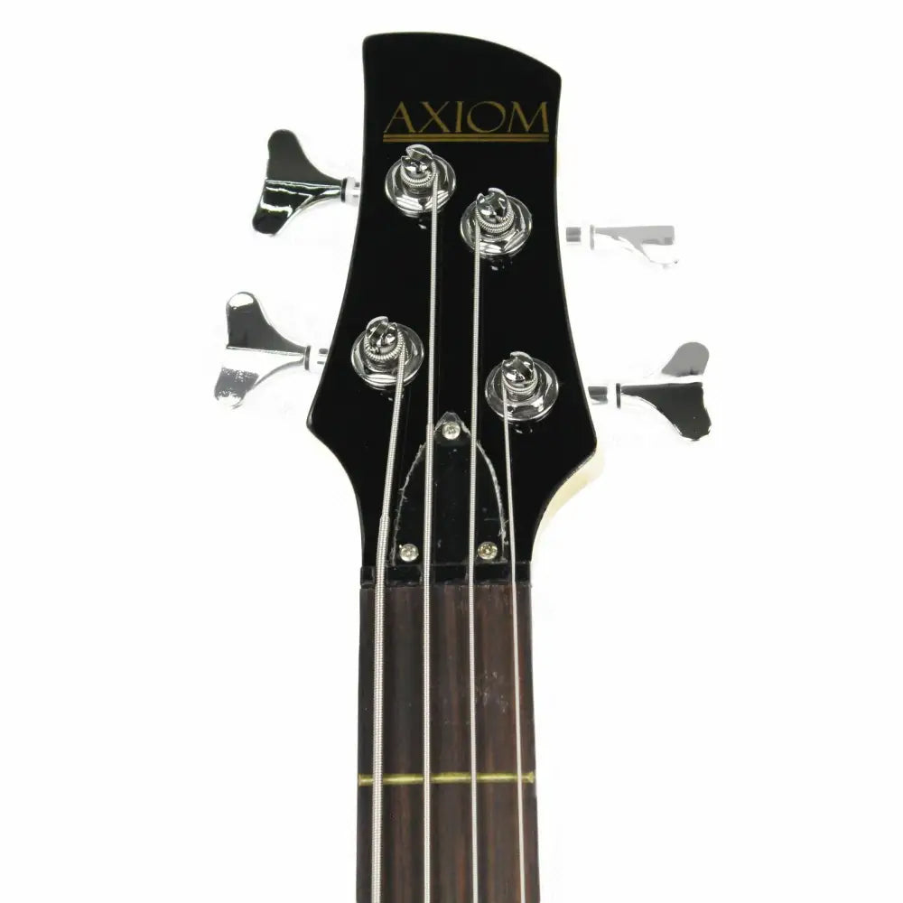 Black four-string bass guitar headstock with chrome tuning pegs on Axiom Defender Bass Guitar for sale