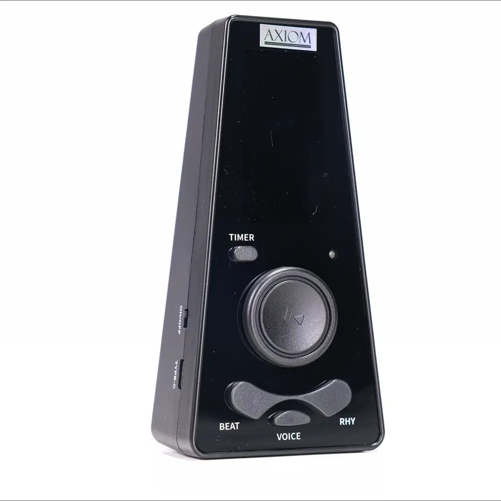 Black axiom digital metronome with sleek rectangular design and tactile buttons for timer beat voice and rhythm functions