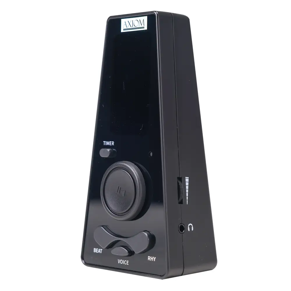 Axiom digital metronome in black with glossy finish and control knobs for timer beat voice and rhythm settings