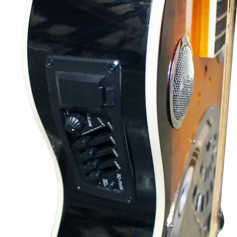 Side view of Axiom Drifter Resonator Guitar with built-in equalizer and pickup for sale Australia