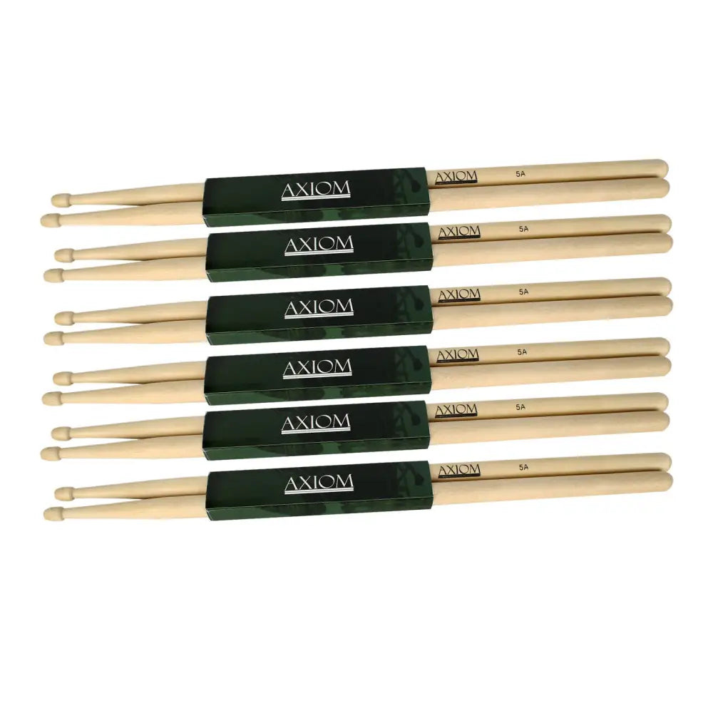 Six pairs of natural wood drumsticks with dark green branding, perfect for cheap drumsticks Australia